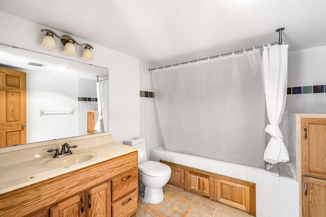 bathroom with shower / bath combination with curtain, toilet, tile patterned floors, visible vents, and vanity