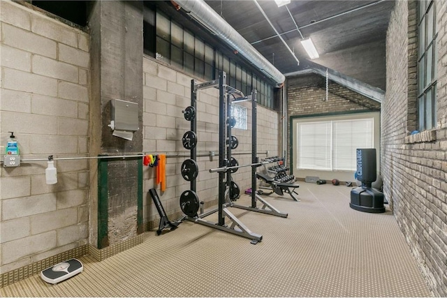 exercise area with concrete block wall and brick wall