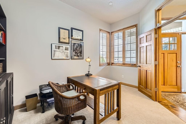 office featuring light carpet, visible vents, and baseboards