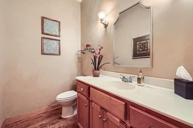 bathroom featuring vanity, toilet, and wood finished floors