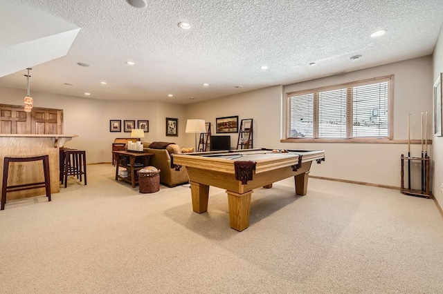 rec room with pool table, recessed lighting, baseboards, and light colored carpet