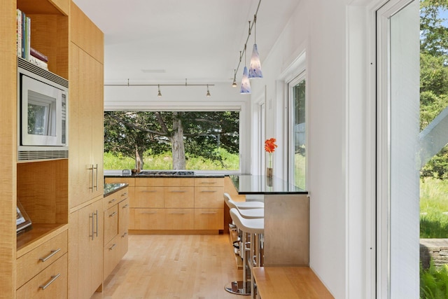 2049 Broadway St, Marine On Saint Croix, MN 55047 - kitchen featuring light brown cabinetry, modern cabinets, stainless steel microwave, and light wood finished floors