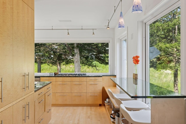 2049 Broadway St, Marine On Saint Croix, MN 55047 - kitchen featuring light brown cabinetry, modern cabinets, light wood finished floors, rail lighting, and stainless steel gas stovetop