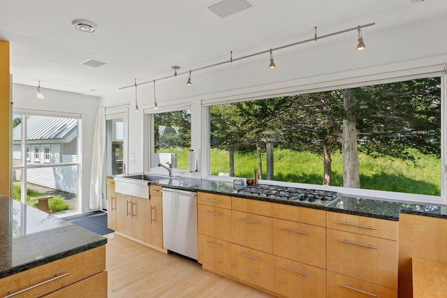 2049 Broadway St, Marine On Saint Croix, MN 55047 - kitchen with appliances with stainless steel finishes, light wood-style floors, dark stone countertops, and modern cabinets