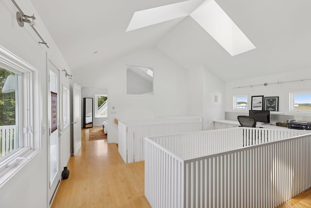 2049 Broadway St, Marine On Saint Croix, MN 55047 - corridor featuring a skylight, light wood-style floors, and vaulted ceiling