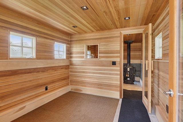 2049 Broadway St, Marine On Saint Croix, MN 55047 - hallway featuring wooden ceiling, wooden walls, and carpet
