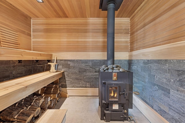 2049 Broadway St, Marine On Saint Croix, MN 55047 - relaxing sauna / steam room with wooden ceiling, wood walls, and concrete floors