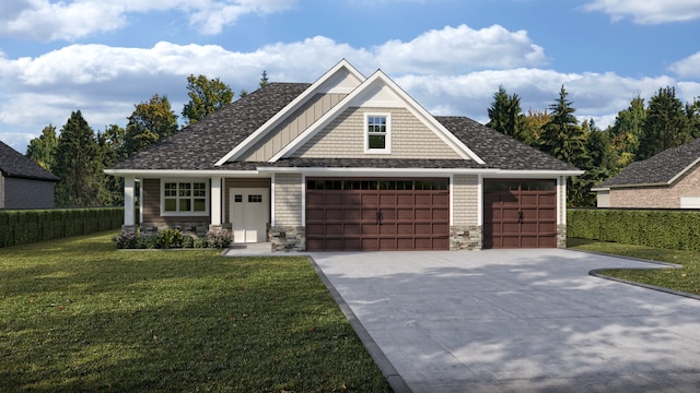 craftsman-style house featuring stone siding, a front lawn, board and batten siding, and concrete driveway