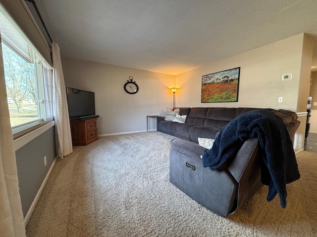 carpeted living area featuring baseboards and a textured ceiling