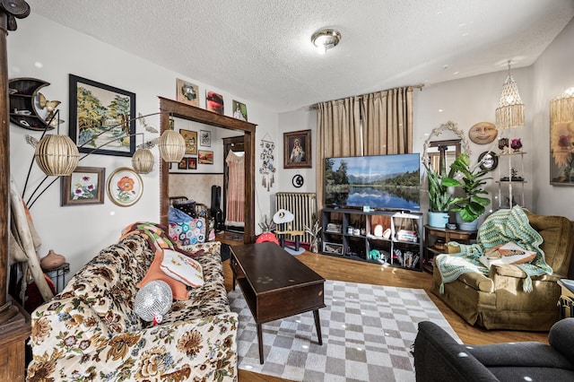 living area with a textured ceiling and wood finished floors