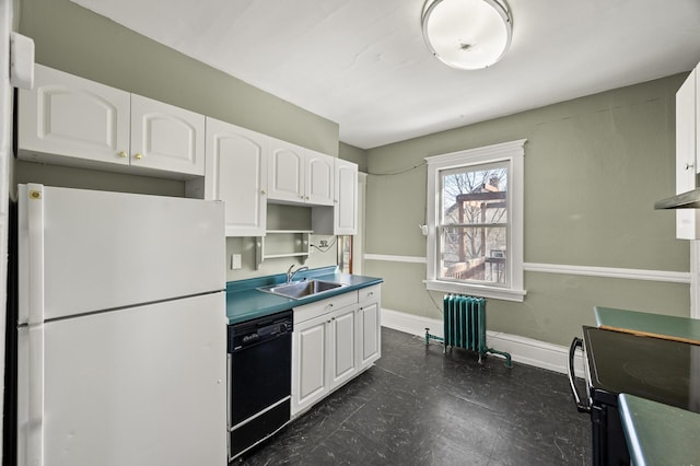 kitchen featuring radiator, dishwasher, freestanding refrigerator, white cabinets, and a sink