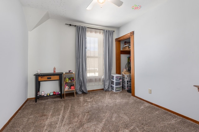 game room featuring baseboards, carpet floors, and a ceiling fan