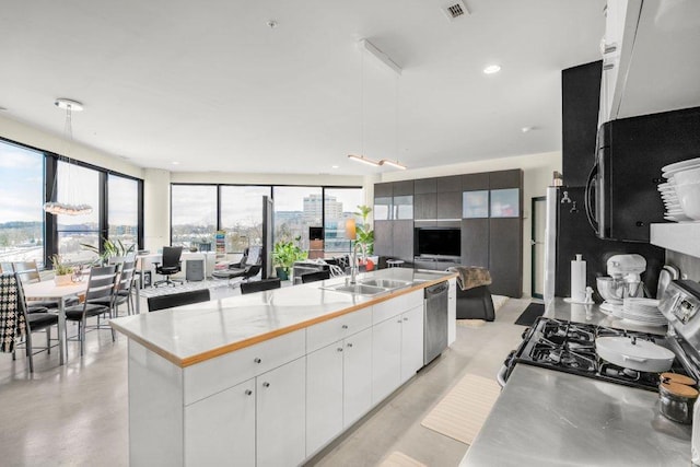 kitchen with appliances with stainless steel finishes, visible vents, a sink, and finished concrete flooring