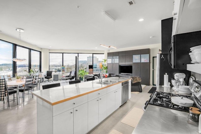 kitchen with a wealth of natural light, appliances with stainless steel finishes, visible vents, and a sink