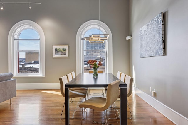 dining area with wood finished floors and baseboards