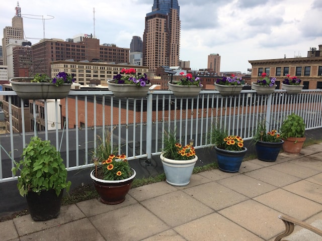 view of patio with a city view