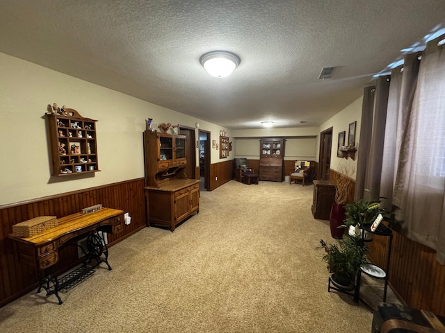 sitting room with a wainscoted wall, wooden walls, and a textured ceiling