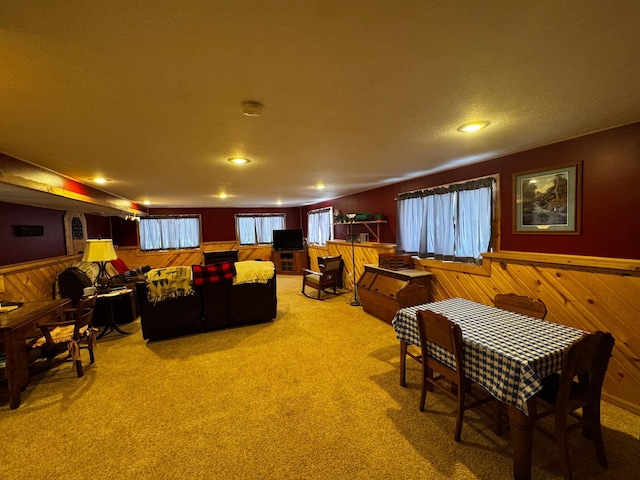 living room with light colored carpet, wainscoting, and wooden walls