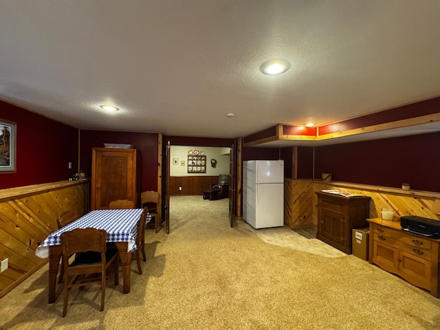 interior space with light carpet, a textured ceiling, wainscoting, and wooden walls