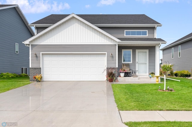 craftsman-style house with a garage, brick siding, concrete driveway, roof with shingles, and a front lawn