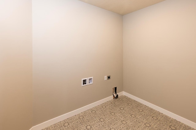 washroom with light carpet, laundry area, baseboards, hookup for a washing machine, and electric dryer hookup