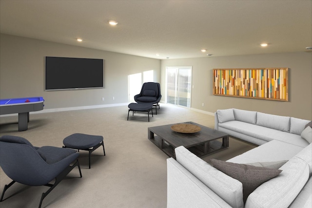 living area with baseboards, carpet, and recessed lighting