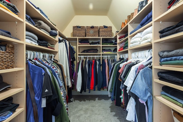 walk in closet with carpet floors and vaulted ceiling