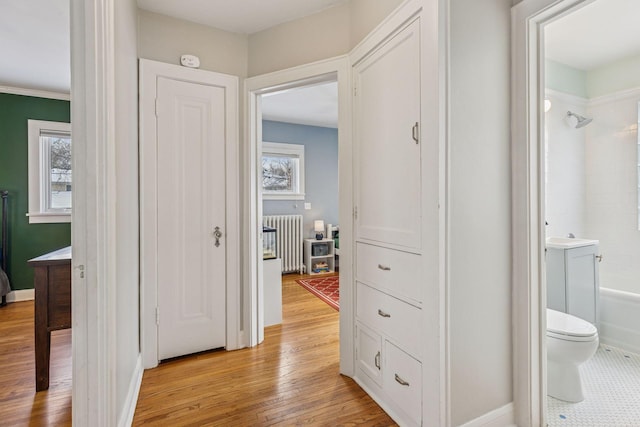 corridor with radiator, light wood-style flooring, and baseboards