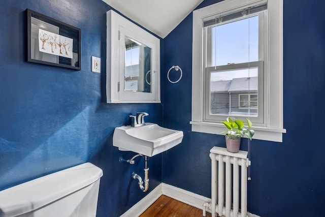 bathroom with radiator, baseboards, plenty of natural light, and toilet