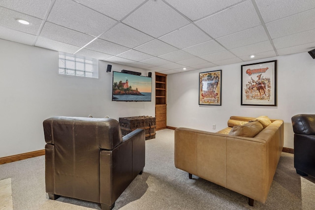 home theater room featuring baseboards, a drop ceiling, carpet flooring, and recessed lighting