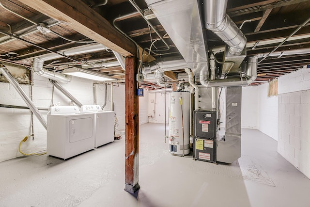 unfinished basement with water heater, washing machine and clothes dryer, and heating unit