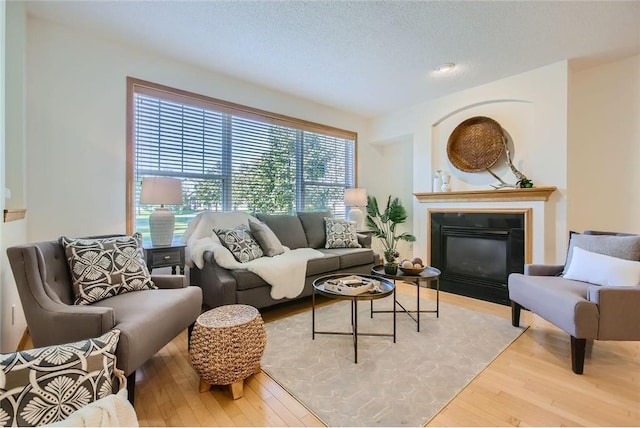 living room featuring a textured ceiling, hardwood / wood-style floors, and a fireplace with flush hearth