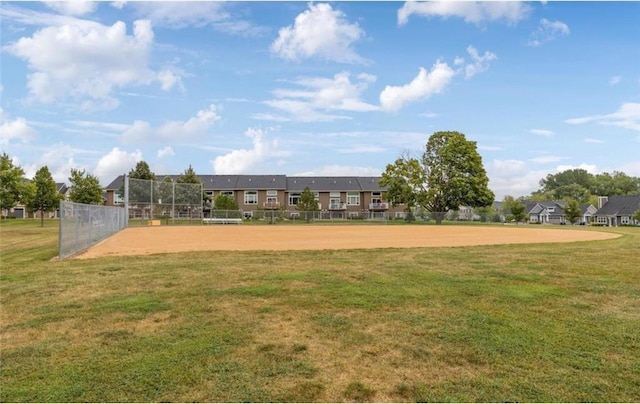 surrounding community with a residential view, fence, and a yard