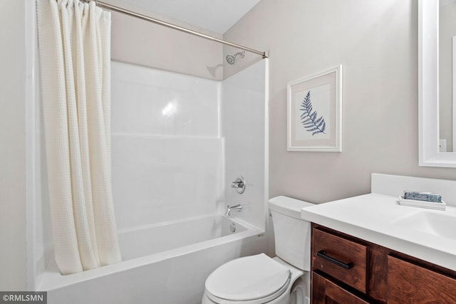 full bathroom with toilet, shower / bathtub combination with curtain, and vanity