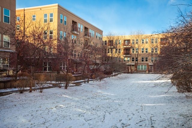 view of snow covered property