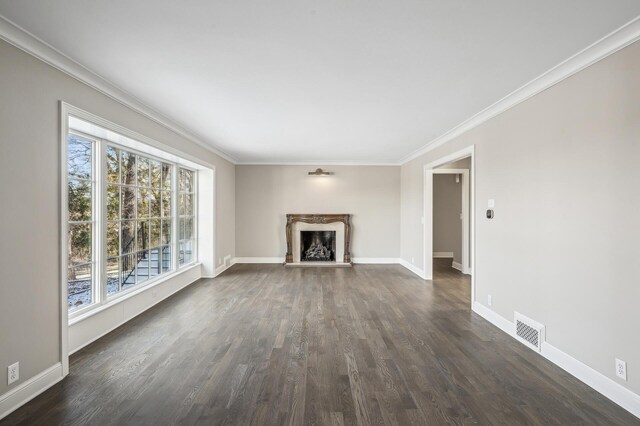 10 Saint Albans Rd E, Hopkins, MN 55305 - unfurnished living room featuring dark wood-style floors, a high end fireplace, baseboards, and ornamental molding