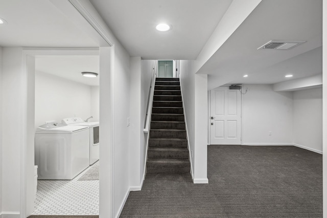 10 Saint Albans Rd E, Hopkins, MN 55305 - staircase with washer and clothes dryer, carpet floors, baseboards, and recessed lighting