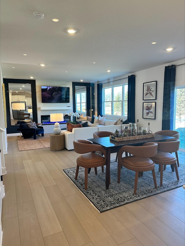 living area with a glass covered fireplace, a healthy amount of sunlight, and wood finished floors