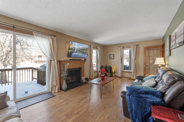 living room featuring a fireplace, wood finished floors, baseboards, and a textured ceiling