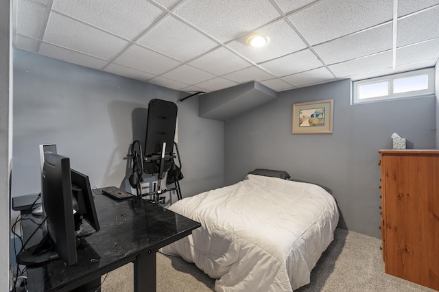 bedroom featuring carpet and a paneled ceiling