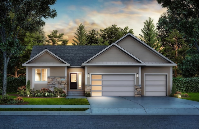 view of front of house featuring a garage, concrete driveway, a shingled roof, and stone siding