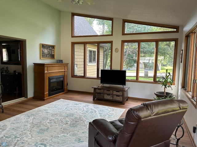 living area featuring a glass covered fireplace, wood finished floors, baseboards, and vaulted ceiling