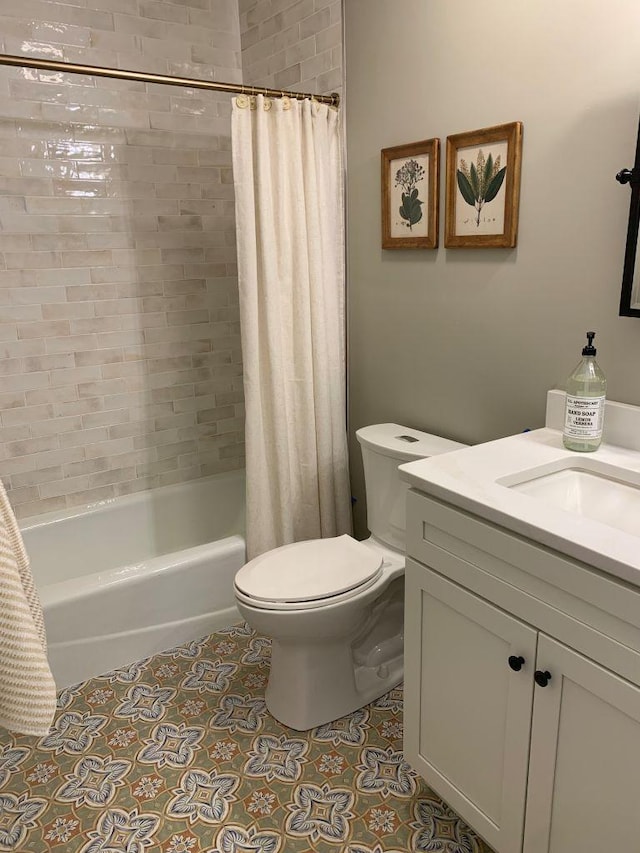 bathroom with vanity, tile patterned flooring, toilet, and shower / bathtub combination with curtain