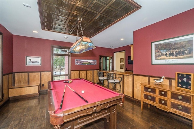 recreation room with a wainscoted wall, an ornate ceiling, billiards, and hardwood / wood-style flooring