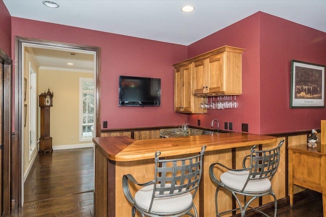 bar featuring recessed lighting, dark wood-style flooring, baseboards, indoor wet bar, and crown molding