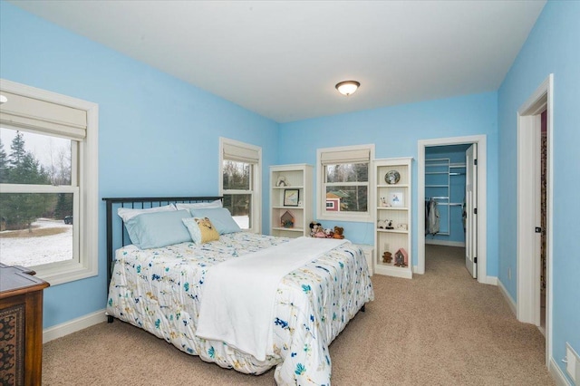 carpeted bedroom with multiple windows, a walk in closet, and baseboards