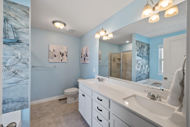 bathroom featuring tile patterned floors, visible vents, a stall shower, and a sink