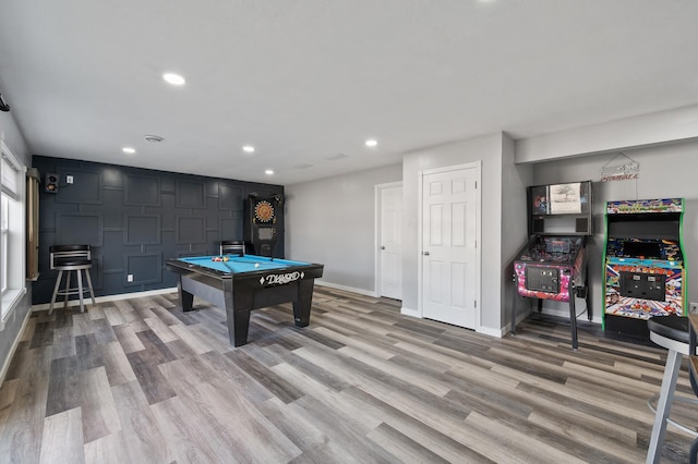 playroom featuring recessed lighting, baseboards, light wood-style floors, and pool table