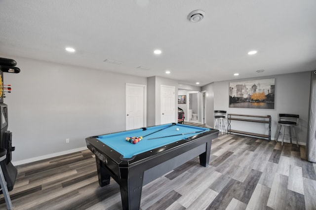 recreation room with recessed lighting, baseboards, wood finished floors, and pool table