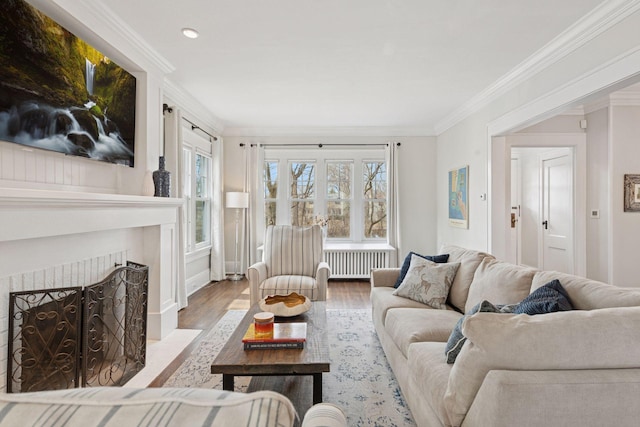 living area with crown molding, radiator, wood finished floors, and a fireplace with flush hearth